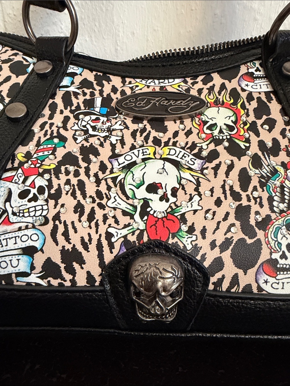 Ed Hardy Leopard Tattoo Crossbody Bag in Beige, Black, Red - Picture 5 of 6